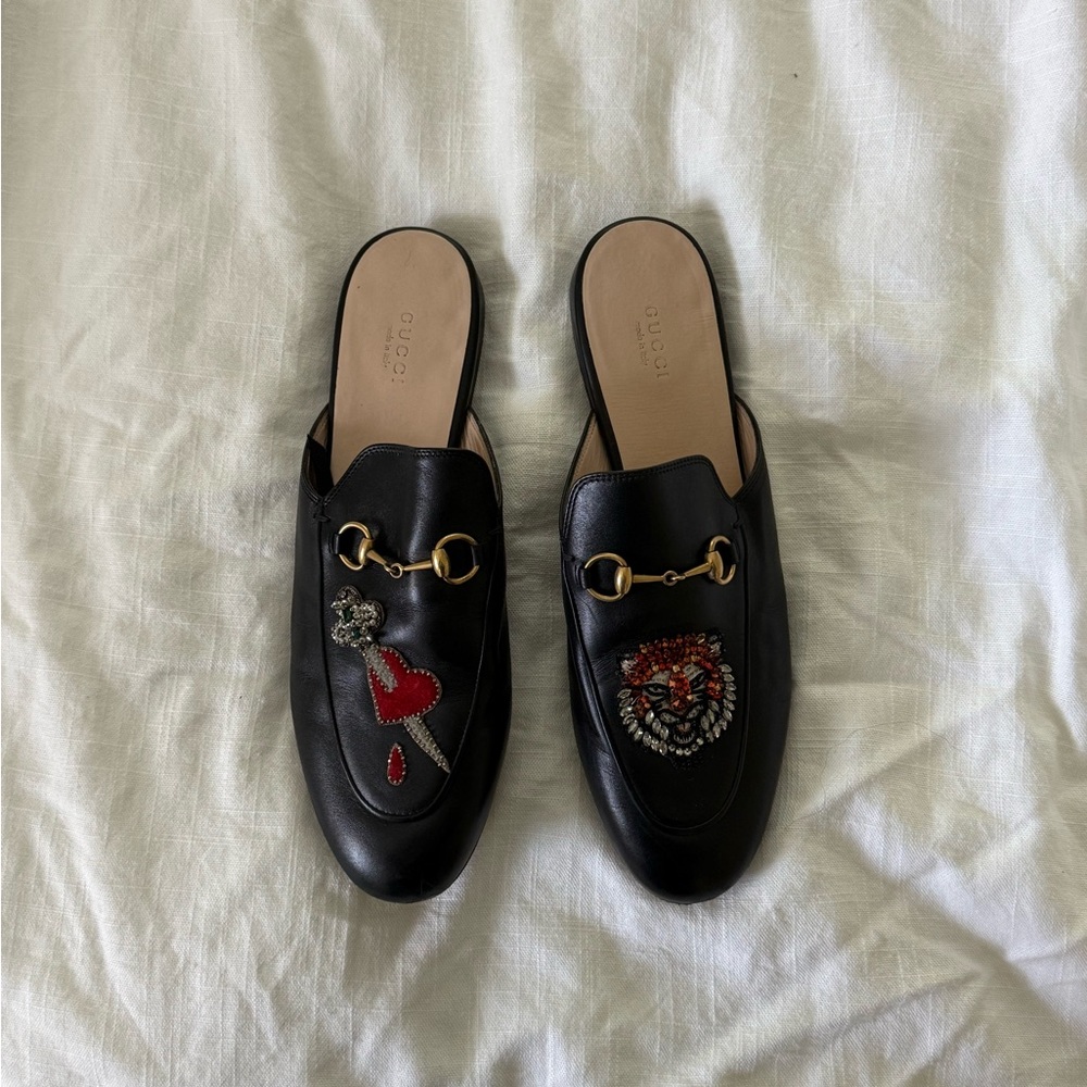 Gucci Black Princetown Mules with Embroidered Tiger and Heart - Picture 7 of 13